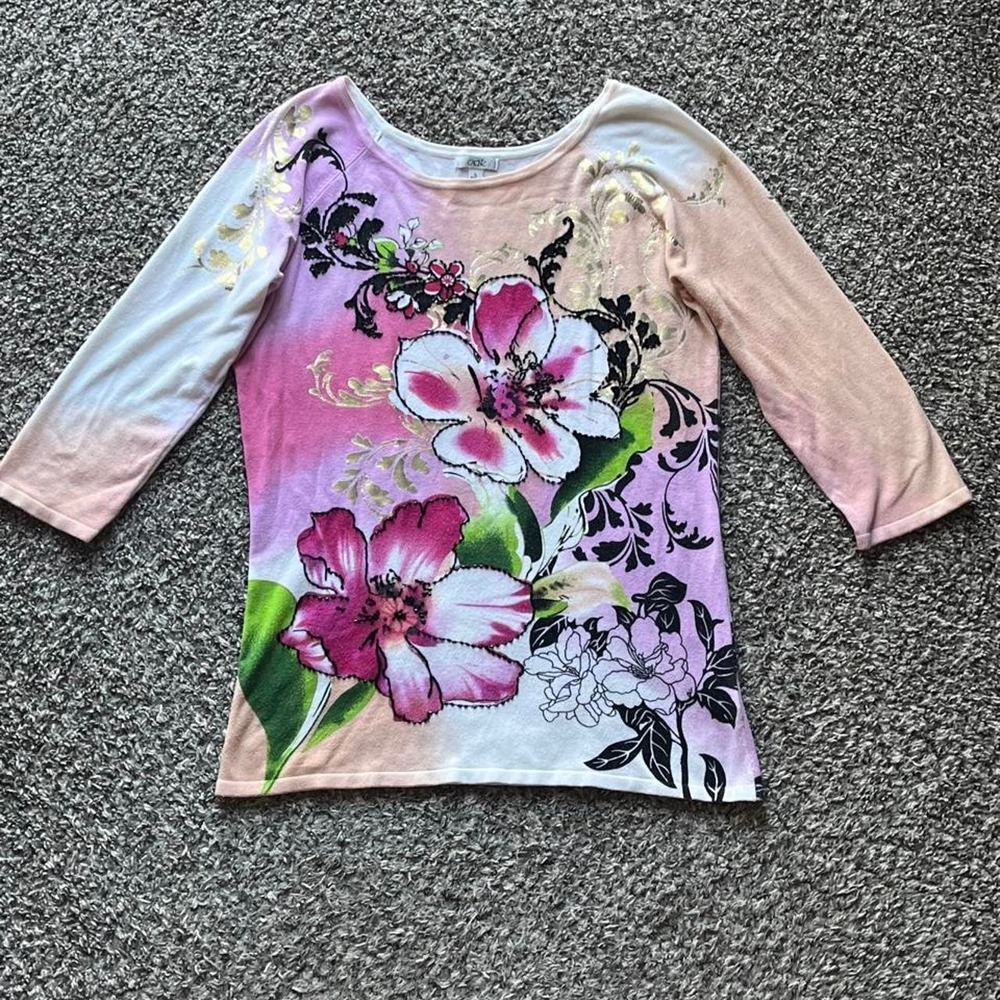 Cache Y2K Floral Beaded 3/4 Sleeve Top Pink White Gold Foil Boho Womens Large